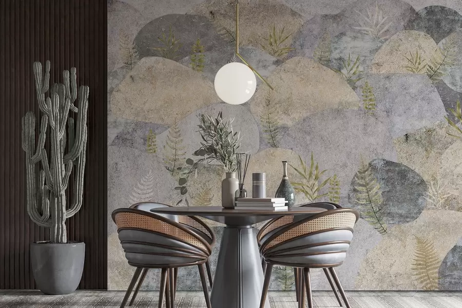 Fototapet Kameny s rostlinami, kapradí, severský, rustikální styl, šedá a písková barva w04064
