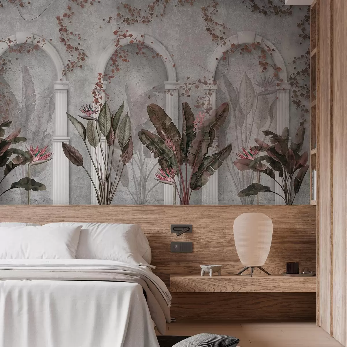 Fototapet Betonová stěna s oblouky a tropickými rostlinami, květinová, vínová barva w04065v1