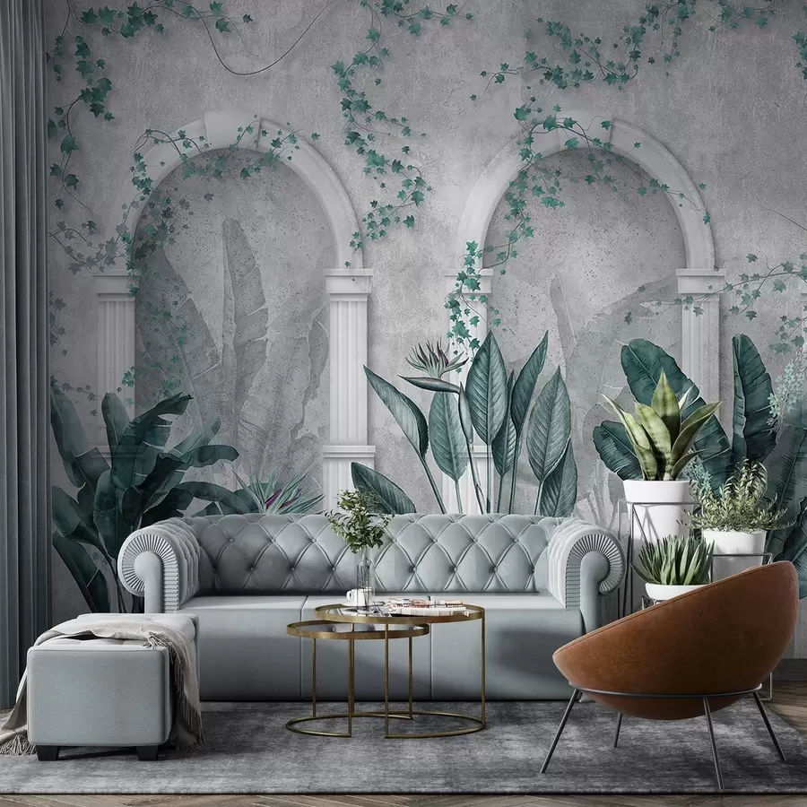 Fototapet Betonová stěna s oblouky a tropickými rostlinami, květinová, modrá barva w04065v2