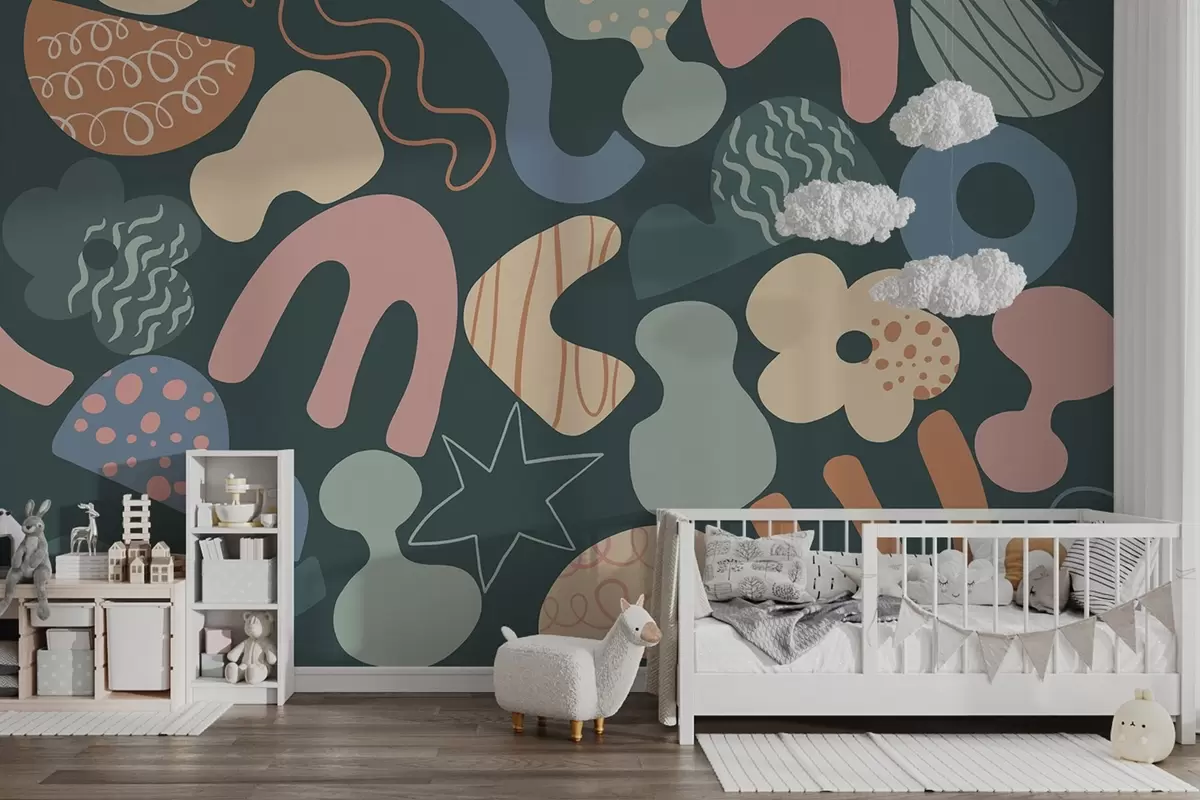 Fototapet Geometrické postavy s čmáranicemi kresba, mladistvý, tmavě zelené pozadí   w04068v3