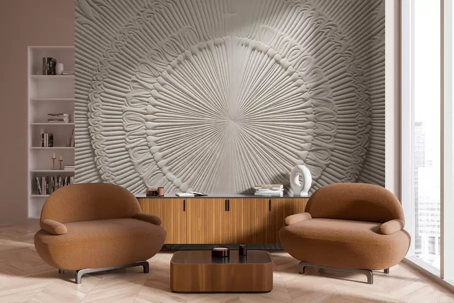 Fototapet Abstraktní texturovaný kruhový tisk s radiálními liniemi a dekorativními prvky, symetrický design, reliéfní textura w09154