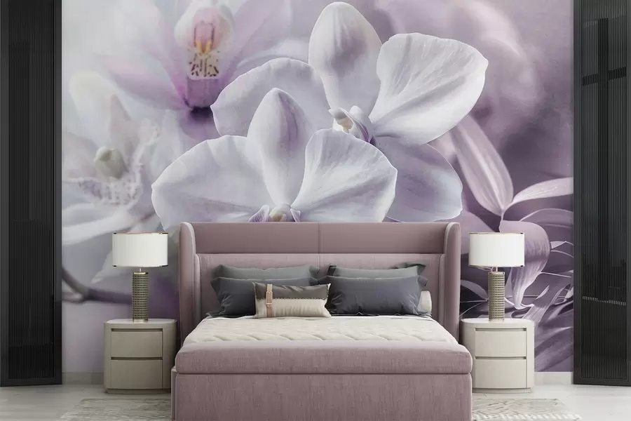 Fototapet Bílé a lila jemné květy orchidejí, měkké osvětlení a rozmazané texturované pozadí  w09155
