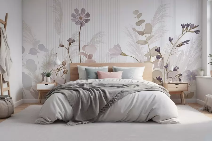 Fototapet Květiny v pastelových barvách, světle hnědé listy, bílé pozadí se svislými liniemi, elegantní a minimalistické  w09161