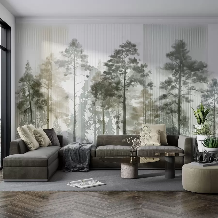 Obraz Hustý les s vysokými borovicemi, svěží zelené listí, mlhavá atmosféra s vertikálními liniemi Č. w09163