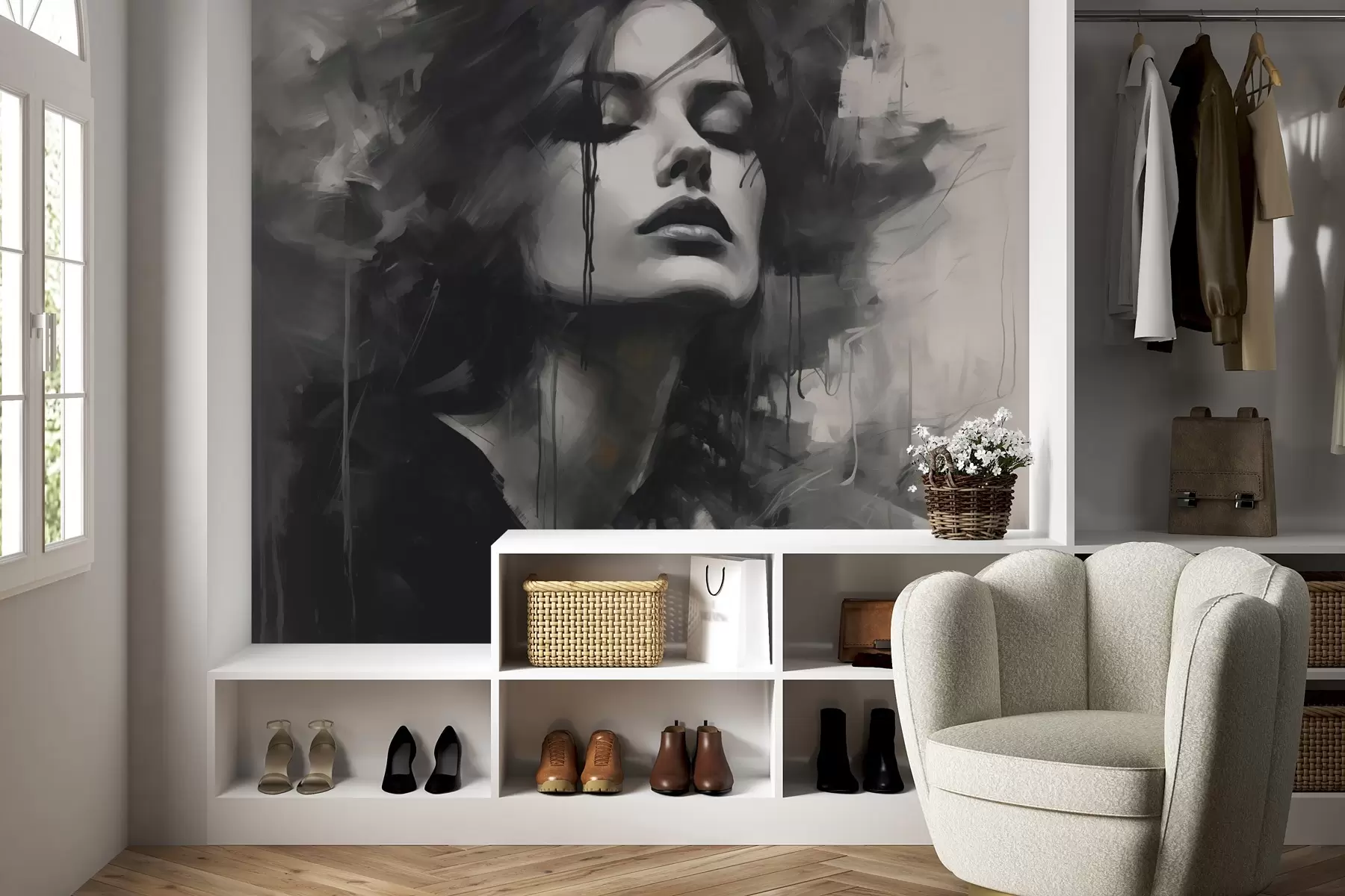 Fototapet Portrét ženy v šedočerných šatech w04049