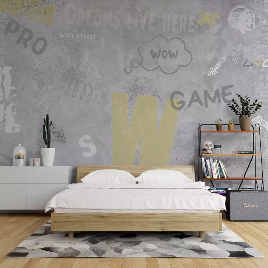 Fototapet Design ve stylu street artu s nápisy žluté barvy na pozadí betonové zdi w04056