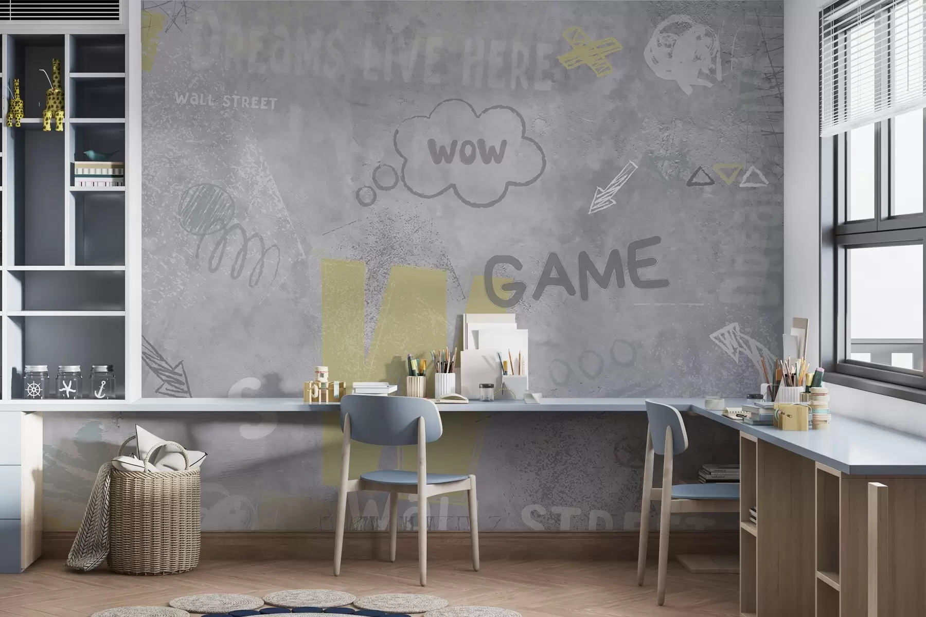 Fototapet Design ve stylu street artu s nápisy žluté barvy na pozadí betonové zdi w04056