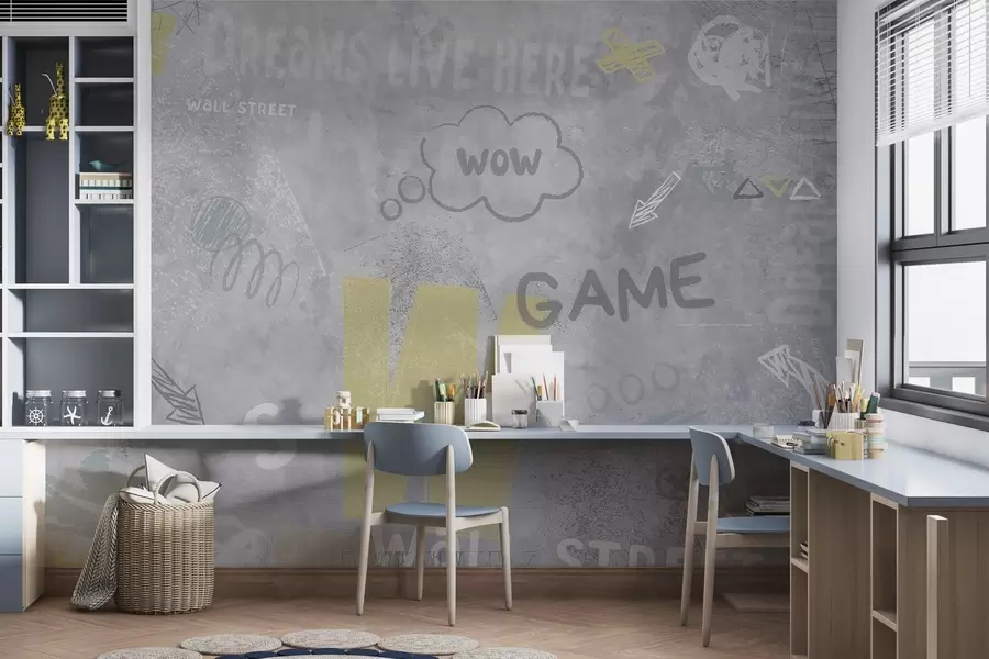 Fototapet Design ve stylu street artu s nápisy žluté barvy na pozadí betonové zdi w04056