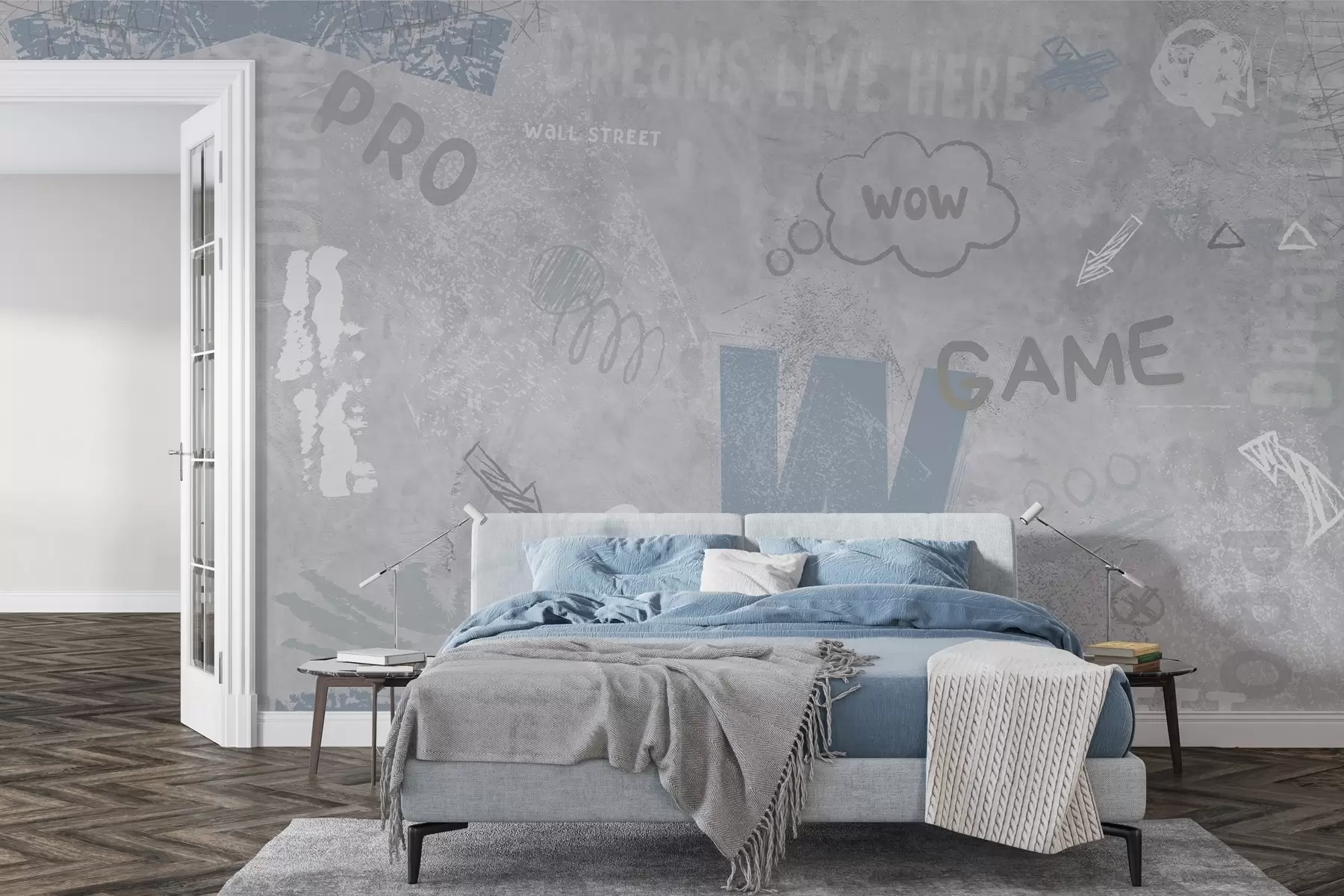 Fototapet Design ve stylu street artu s modrými nápisy na pozadí betonové zdi w04056v1