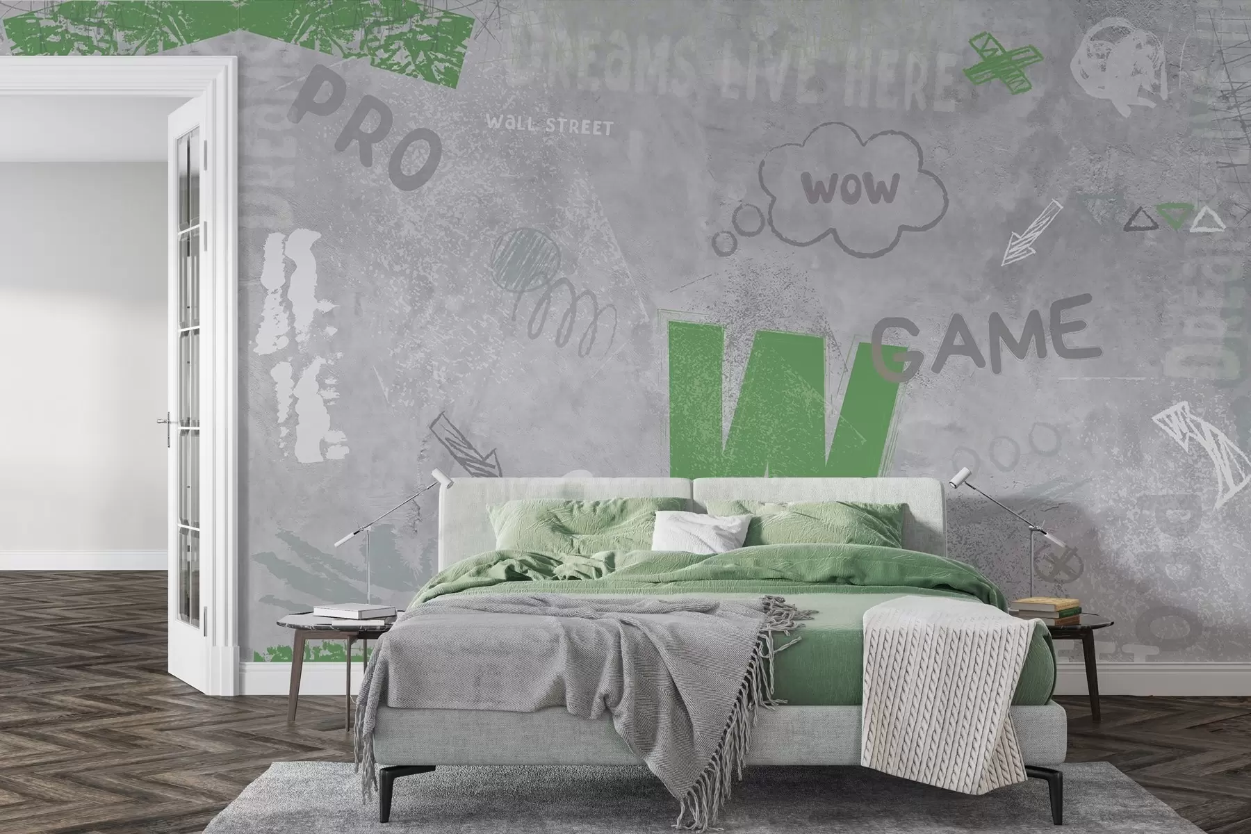 Fototapet Street art design se zeleným nápisem na pozadí betonové zdi w04056v2