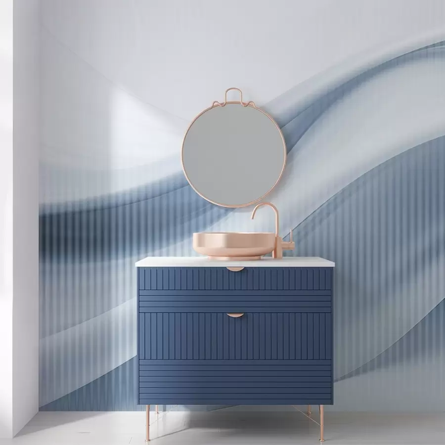 Fototapet Abstraktní potisk s plynulými liniemi a jemnými svislými pruhy, které vytvářejí pocit pohybu a hloubky, modrá paleta w09189v1