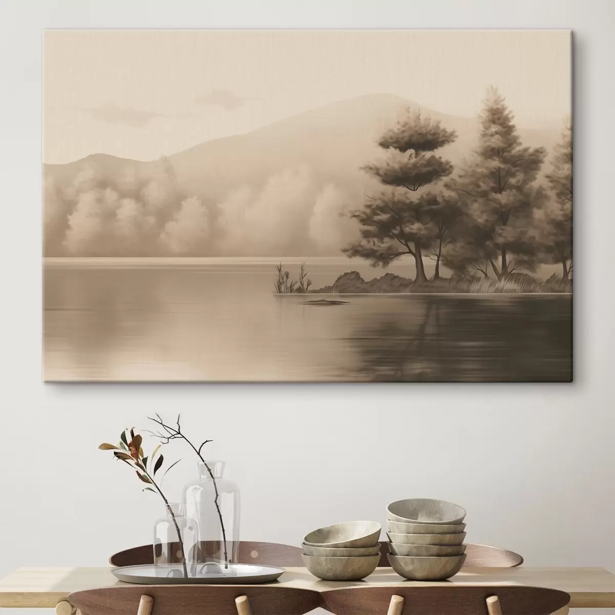 Obraz Jezero a stromy v sépiové barvě Č. s44633