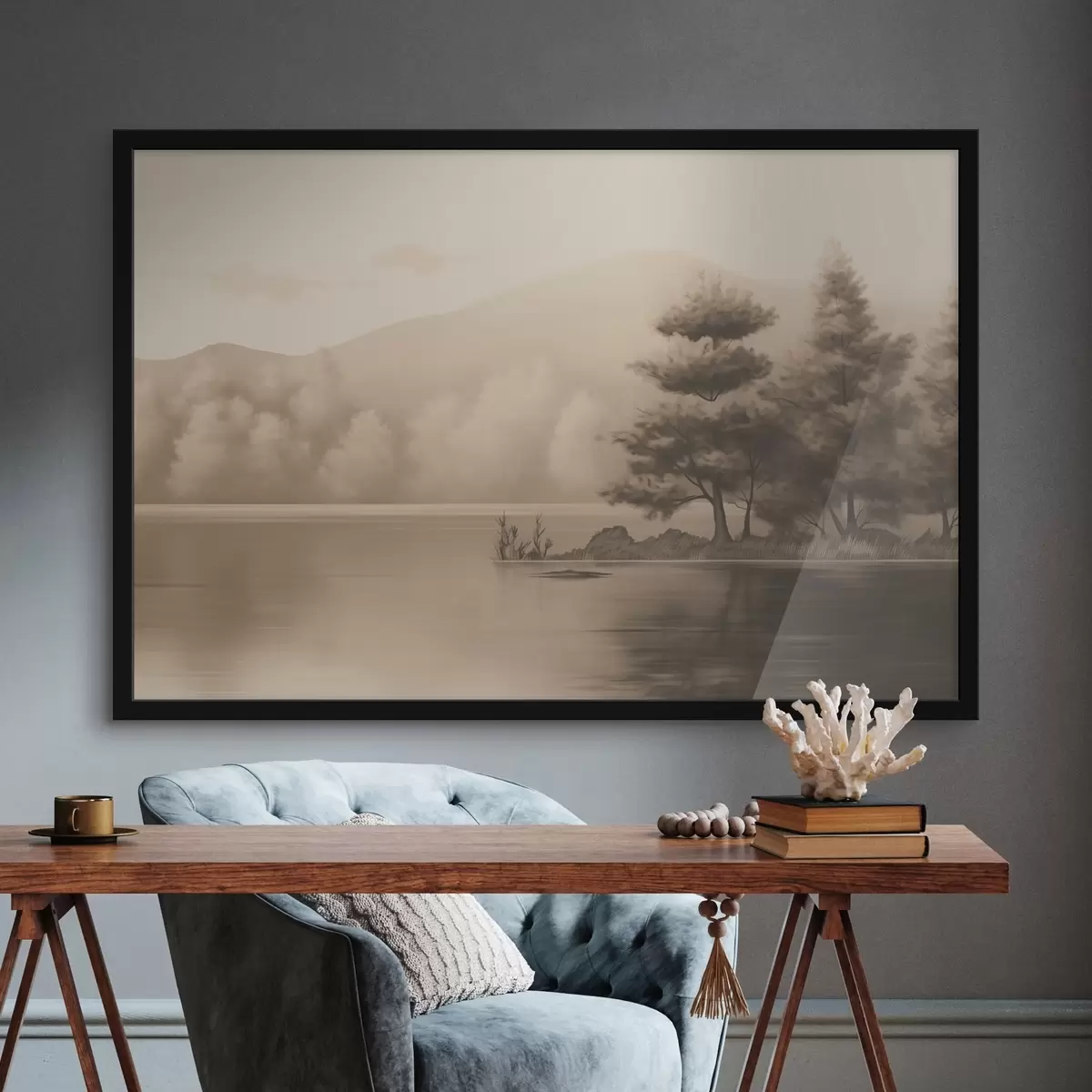 Poster Jezero a stromy v sépiové barvě f44633