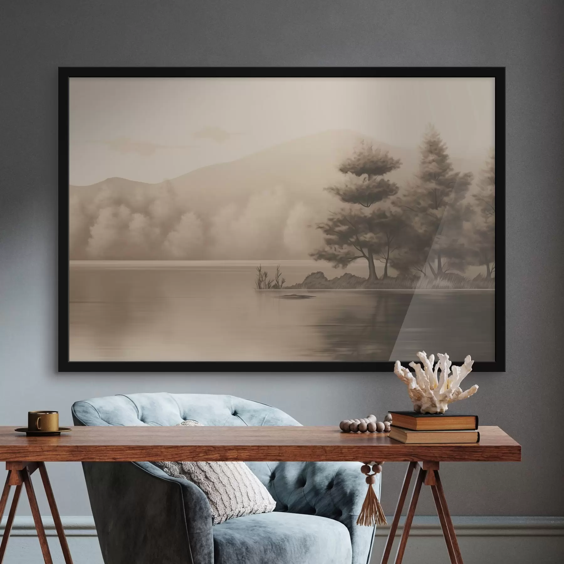 Obraz Jezero a stromy v sépiové barvě Č. f44633