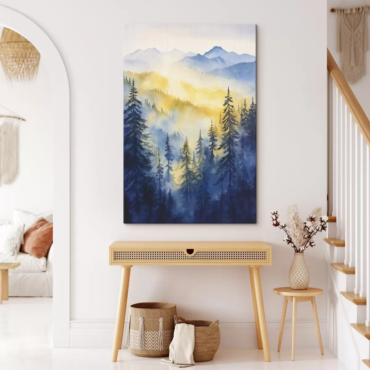 Obraz Mlhavé hory při východu slunce, borové lesy, modrá a žlutá barva Č. s44602