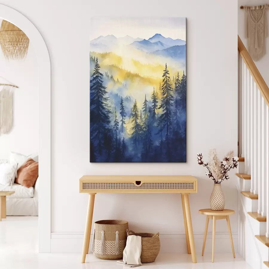 Obraz Mlhavé hory při východu slunce, borové lesy, modrá a žlutá barva Č. s44602