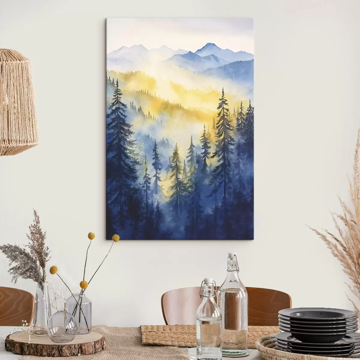 Obraz Mlhavé hory při východu slunce, borové lesy, modrá a žlutá barva Č. s44602