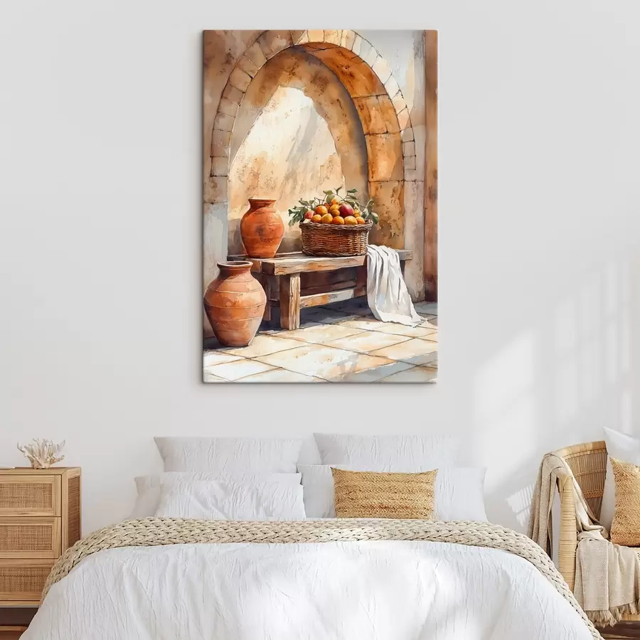 Obraz Estetické vázy a proutěný koš s pomeranči, Toskánsko, rustikální styl Č. s44605