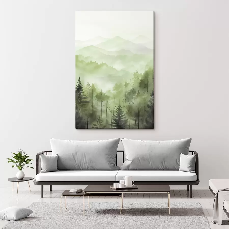 Obraz Hory s lesní krajinou, zelené barvy, akvarelový styl Č. s44606