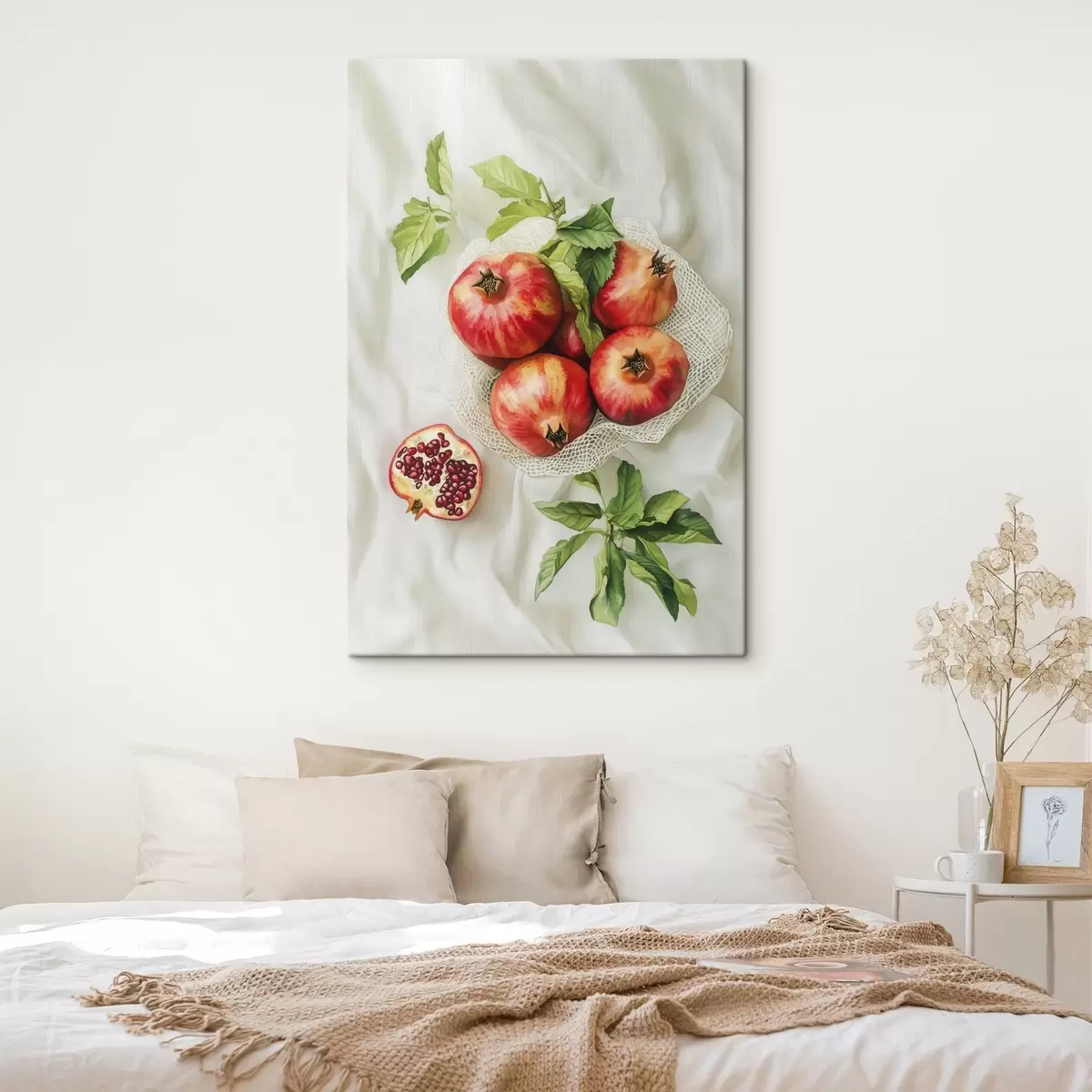 Obraz Granátová jablka s lístky máty na lněném ubrusu, rustikální styl Č. s44611