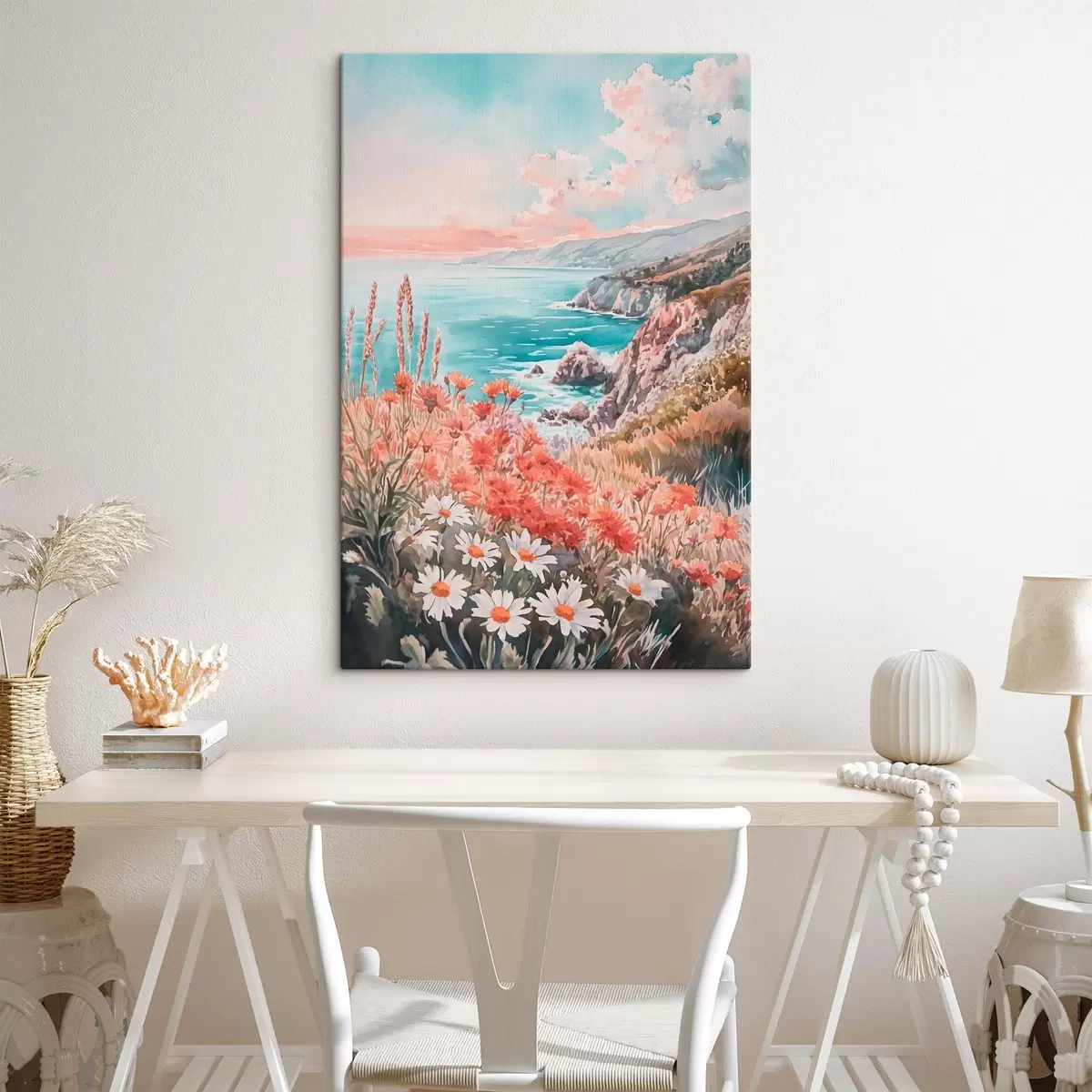 Obraz Portugalské pobřeží oceánu při západu slunce, luční květiny Č. s44612