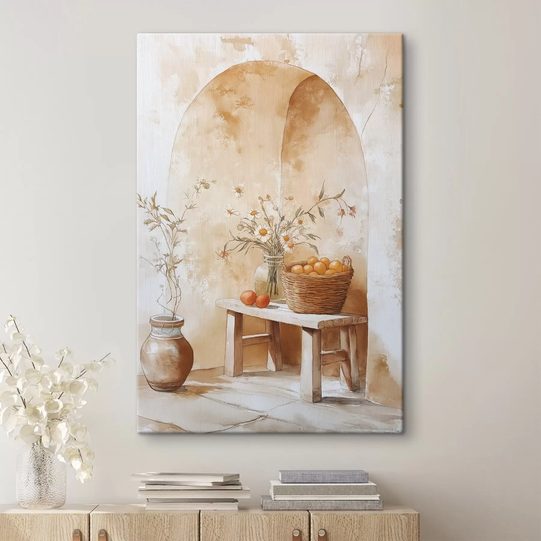 Fototapet Oblouková stěna se starožitnou sklenicí, květy heřmánku a košíkem pomerančů  s44613