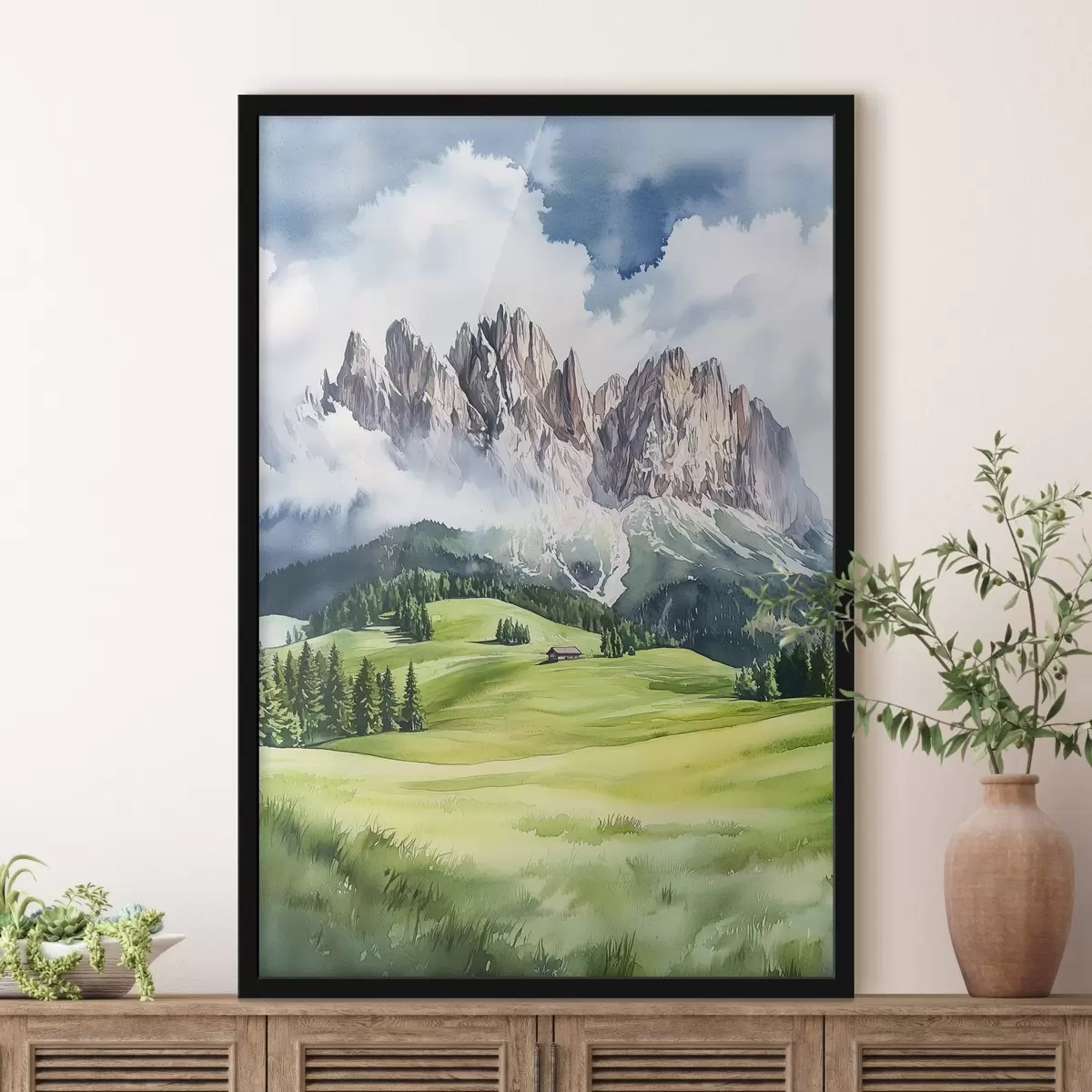 Poster Dolomity, alpské hory, Itálie, krajina, akvarel f44601