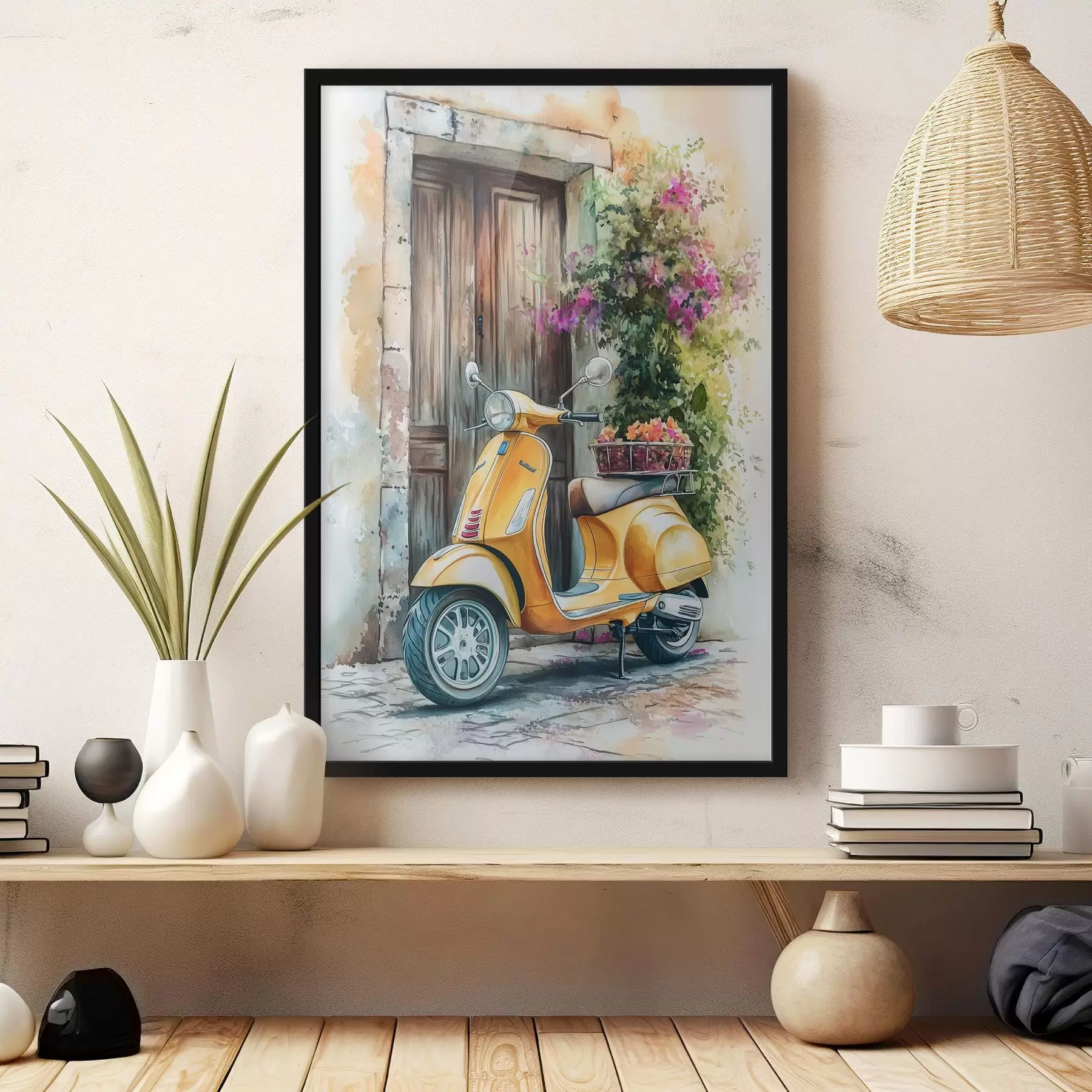 Fototapet Žlutý skútr Vespa u dřevěných dveří s květinami f44607