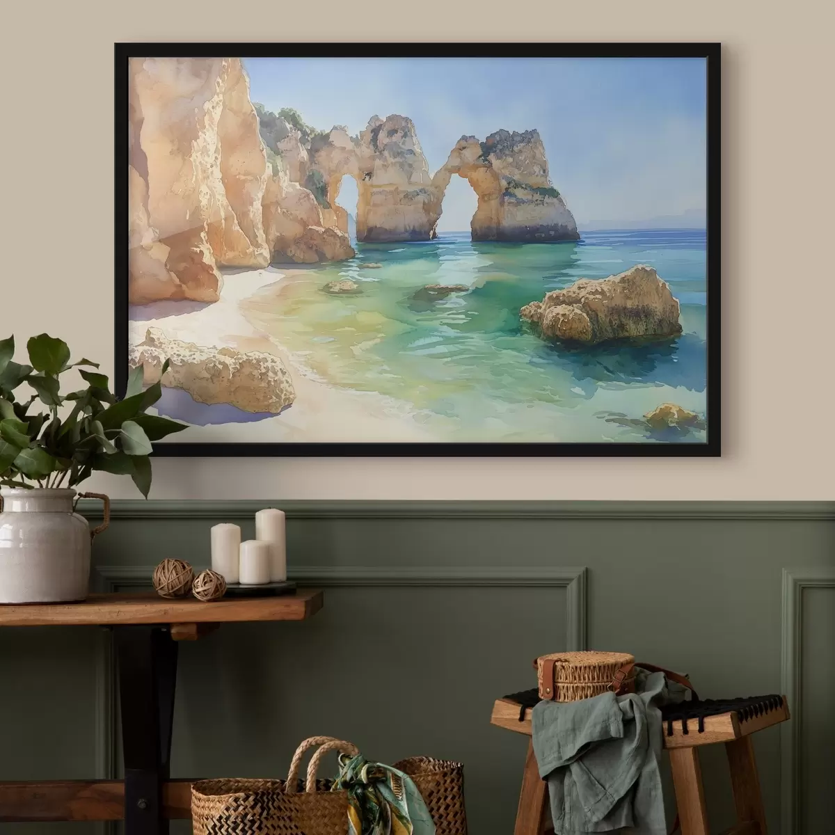 Poster Pláž u oceánu se skalnatými útesy, Portugalsko, léto, akvamarínová barva f44608