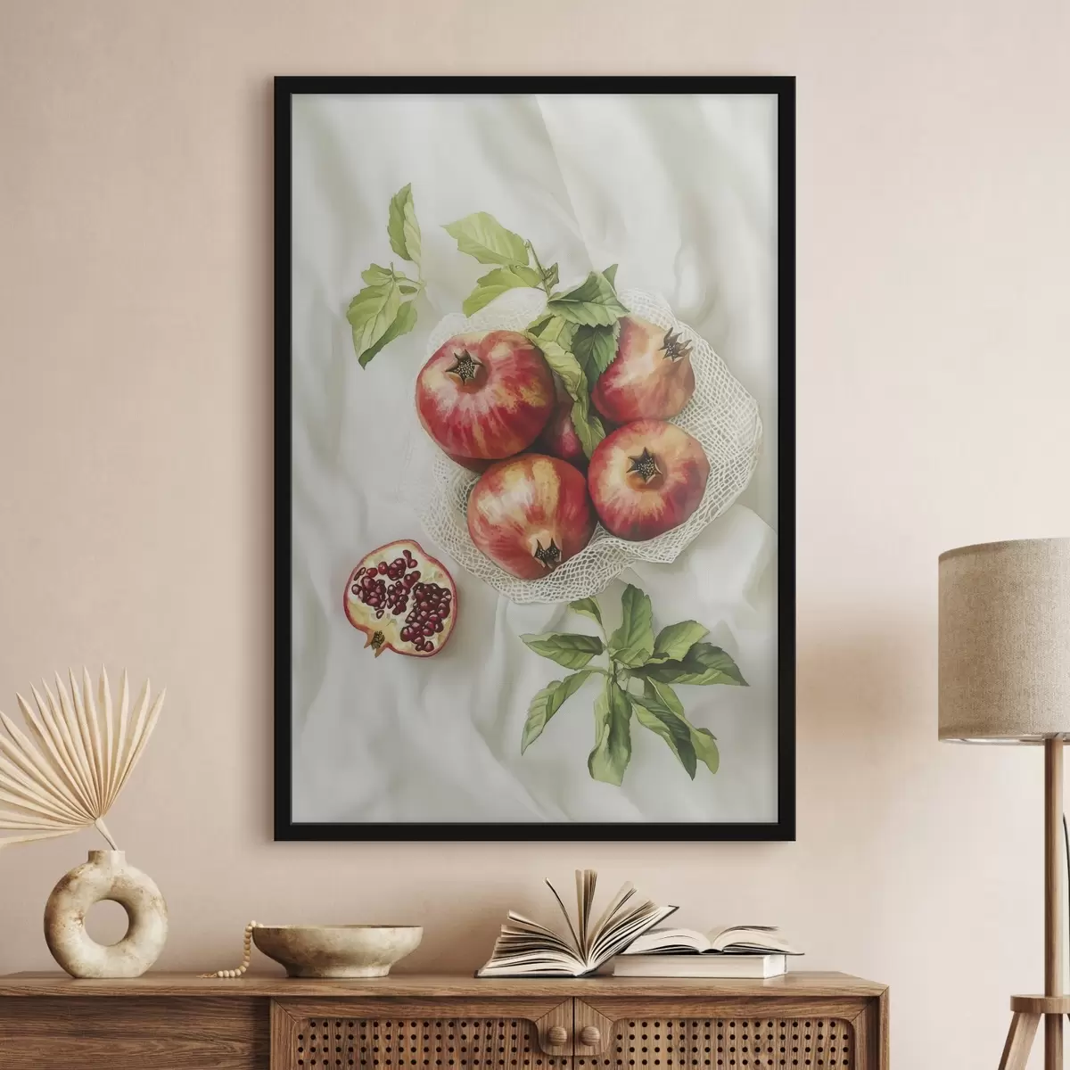 Poster Granátová jablka s lístky máty na lněném ubrusu, rustikální styl f44611