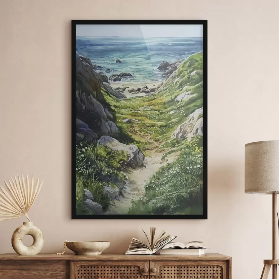 Fototapet Pobřeží moře se skalami a zelenou trávou, akvarel, léto f44616