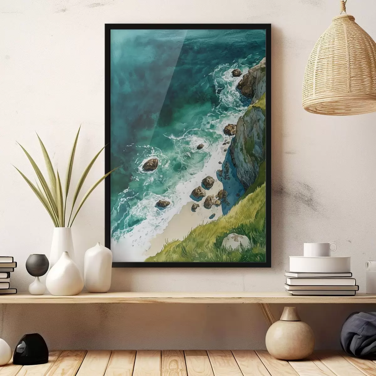 Poster Akvamarínová voda, oceán, skalní útesy, Portugalsko f44617