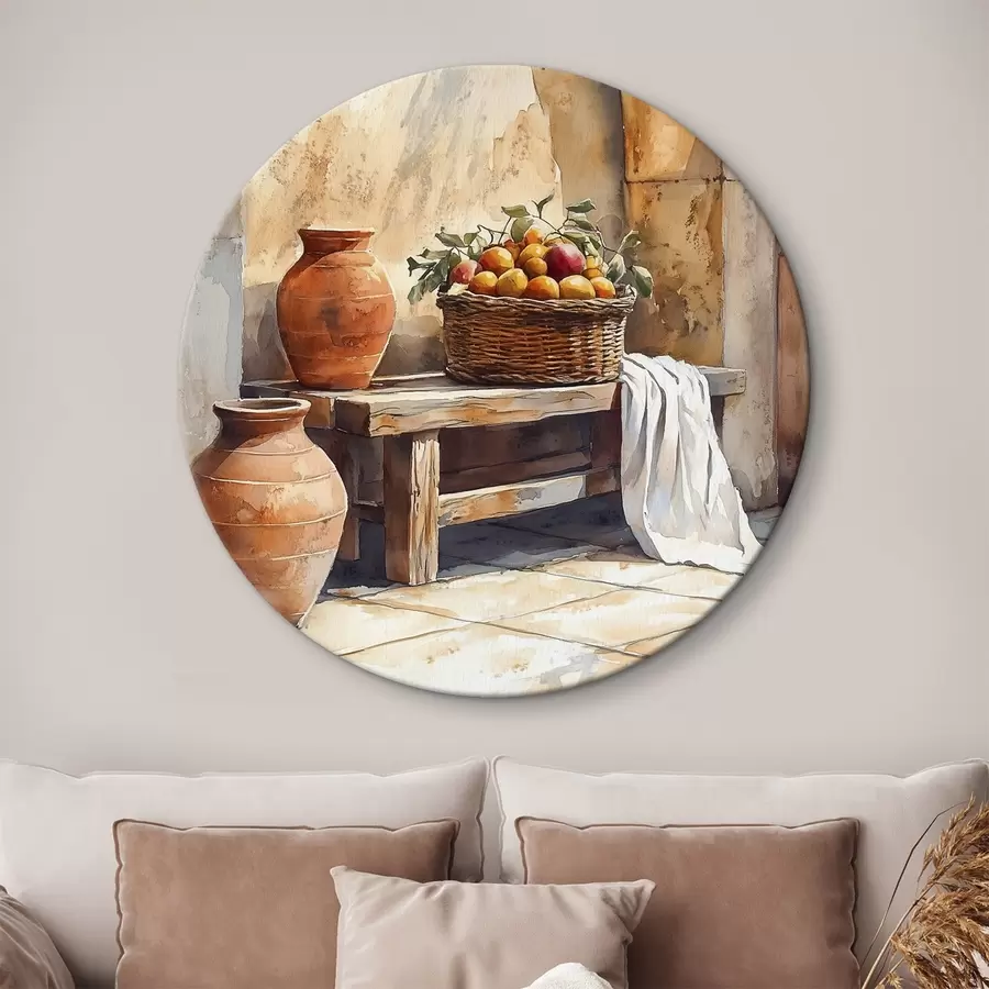 Obraz Estetické vázy a proutěný koš s pomeranči, Toskánsko, rustikální styl Č. r44605