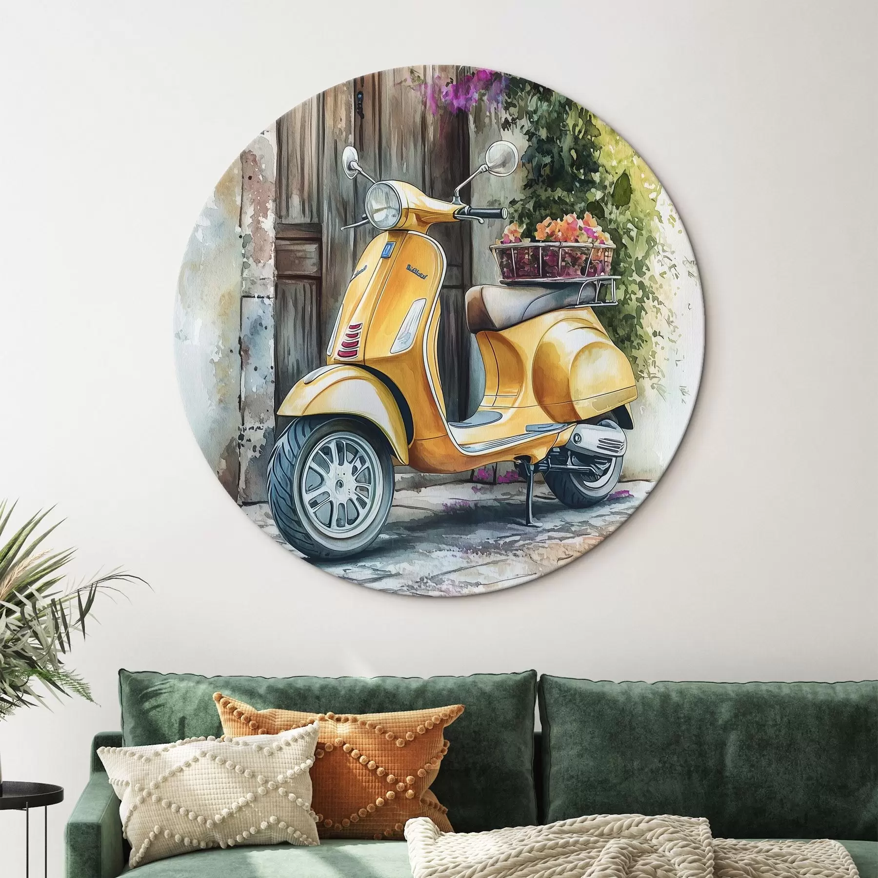 Obraz Žlutý skútr Vespa u dřevěných dveří s květinami Č. r44607