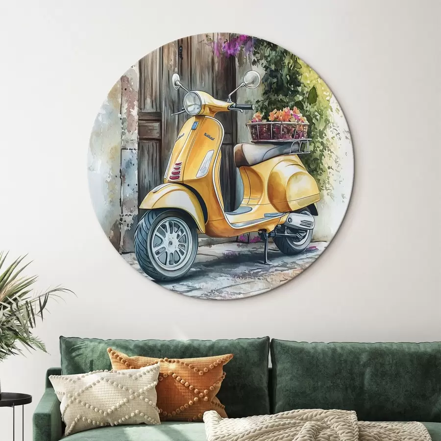 Obraz Žlutý skútr Vespa u dřevěných dveří s květinami Č. r44607