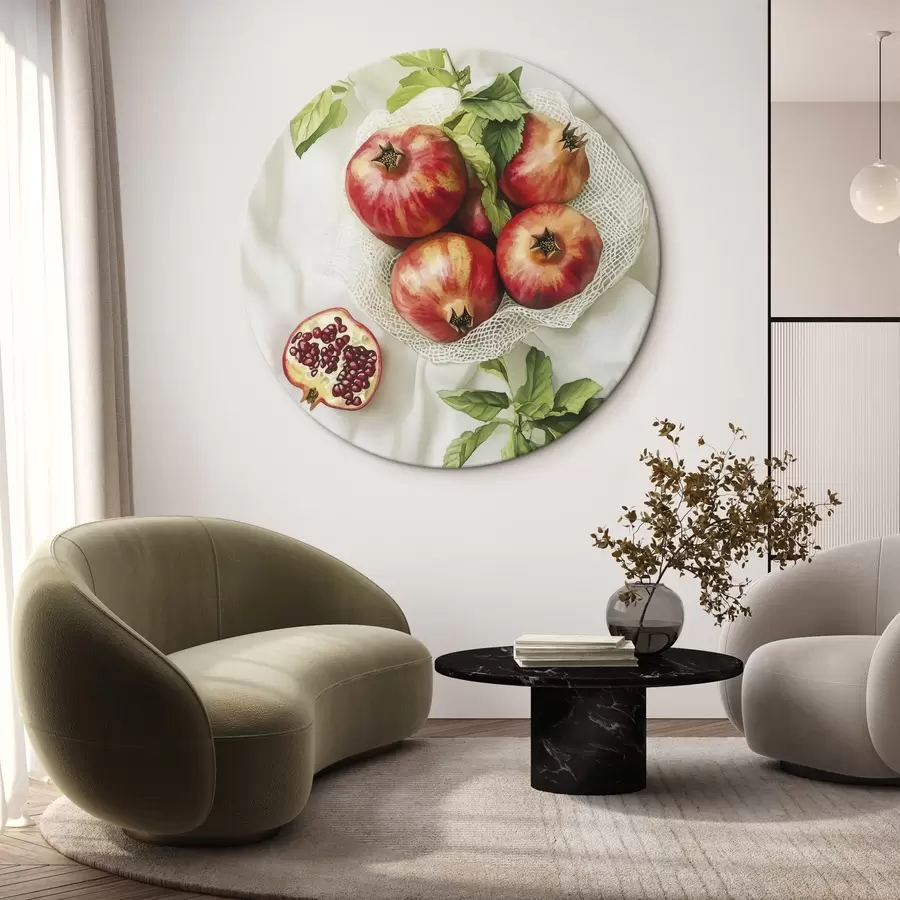 Obraz Granátová jablka s lístky máty na lněném ubrusu, rustikální styl Č. r44611