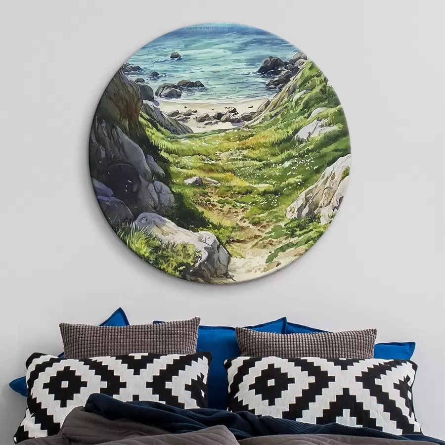 Obraz Pobřeží moře se skalami a zelenou trávou, akvarel, léto Č. r44616