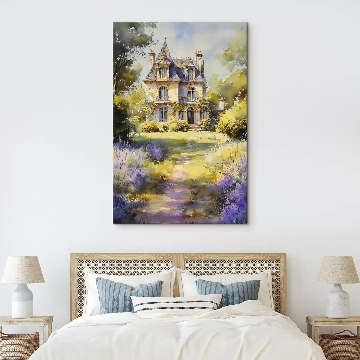 Obraz Chata na francouzském venkově, akvarel, levandulová pole Č. s44501