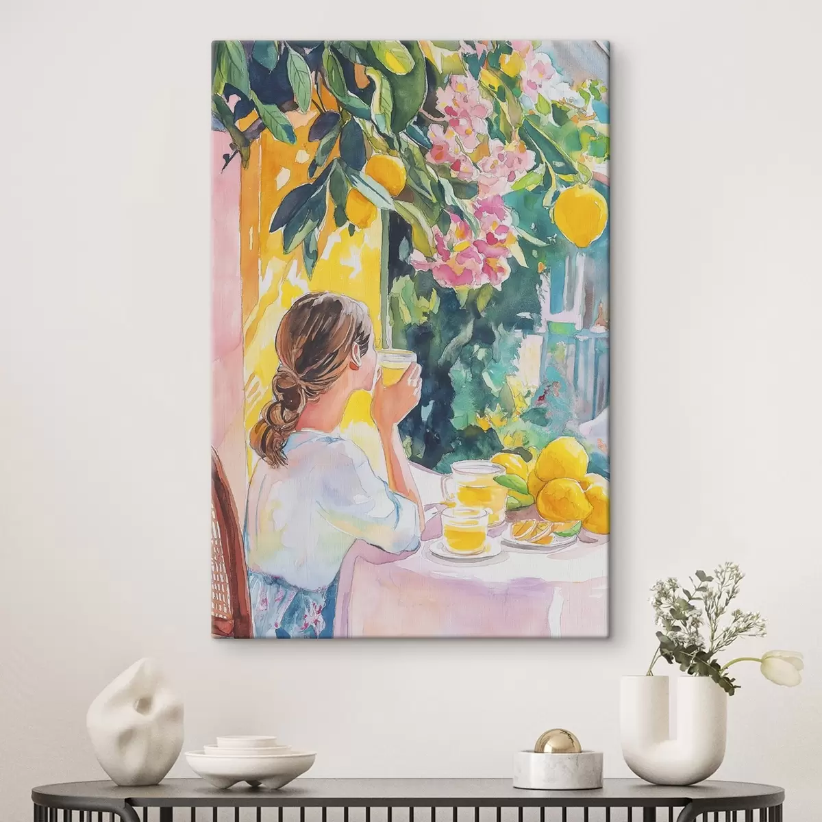 Obraz Letní atmosféra, dívka v kavárně, limoncello, Itálie, akvarel Č. s44505