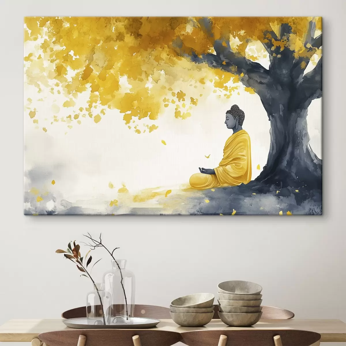 Obraz Meditující Buddha pod stromem, žlutá a šedá barva Č. s44509