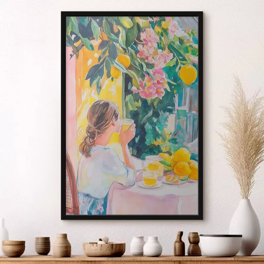 Fototapet Letní atmosféra, dívka v kavárně, limoncello, Itálie, akvarel f44505