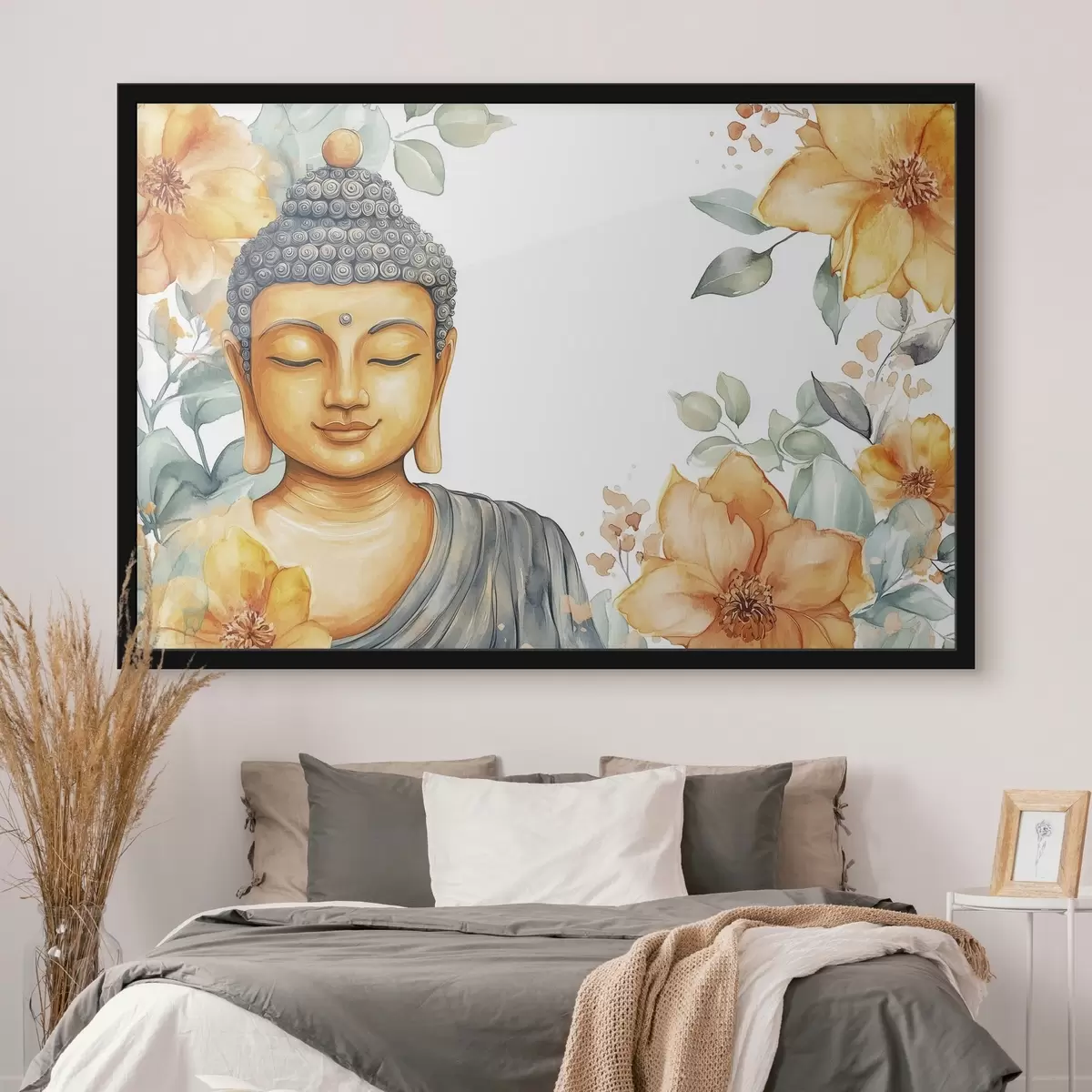 Poster Buddha obklopený oranžovými květy, akvarelový styl f44508