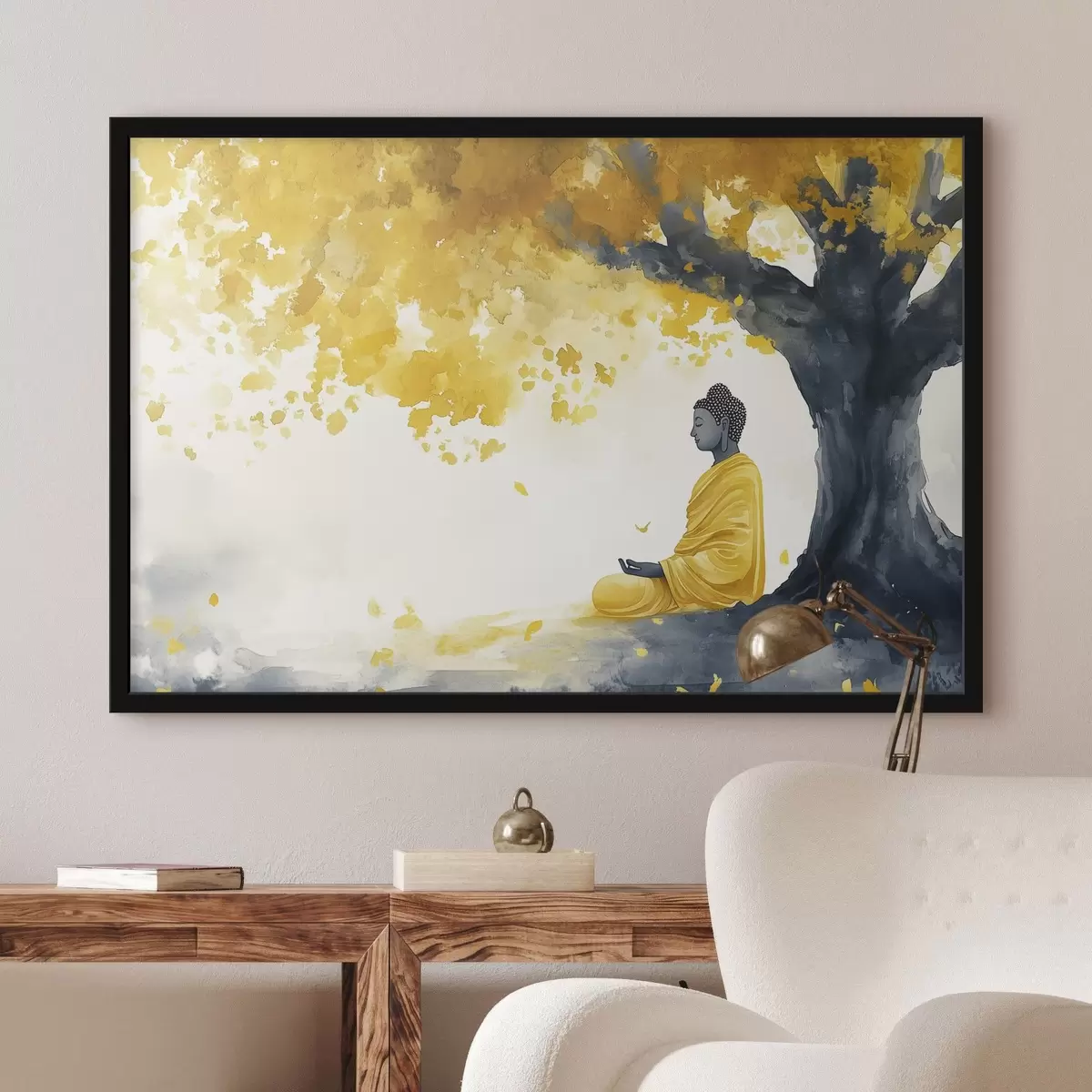 Poster Meditující Buddha pod stromem, žlutá a šedá barva f44509