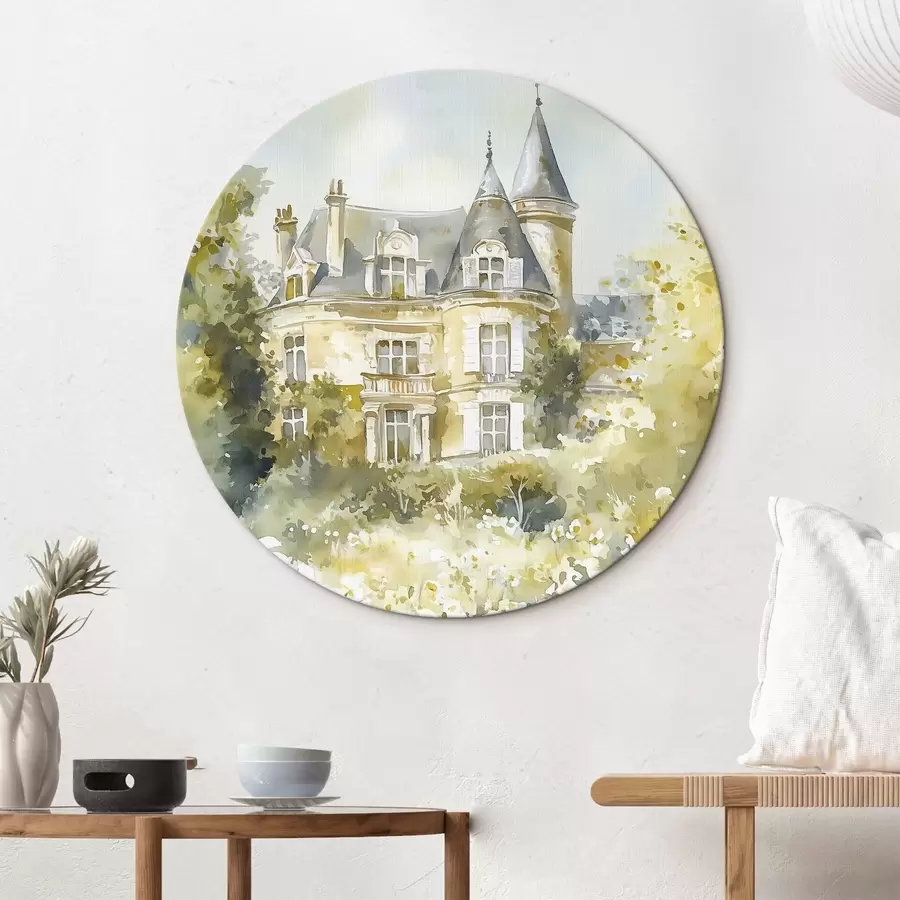 Obraz Krásný zámek se zelení a bílými květy, akvarelový styl Č. r44506