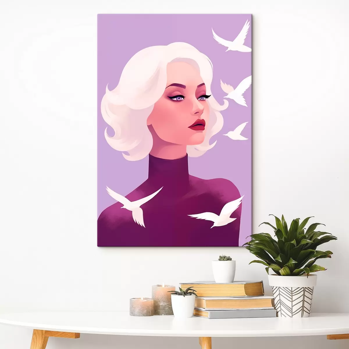 Obraz Ženský portrét s bílými vlasy na pozadí s ptáky Č. s44681