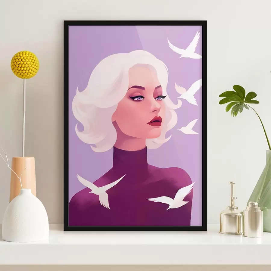 Fototapet Ženský portrét s bílými vlasy na pozadí s ptáky f44681