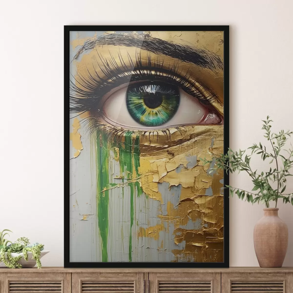 Poster Zelené oko na pozadí popraskané barvy f44690