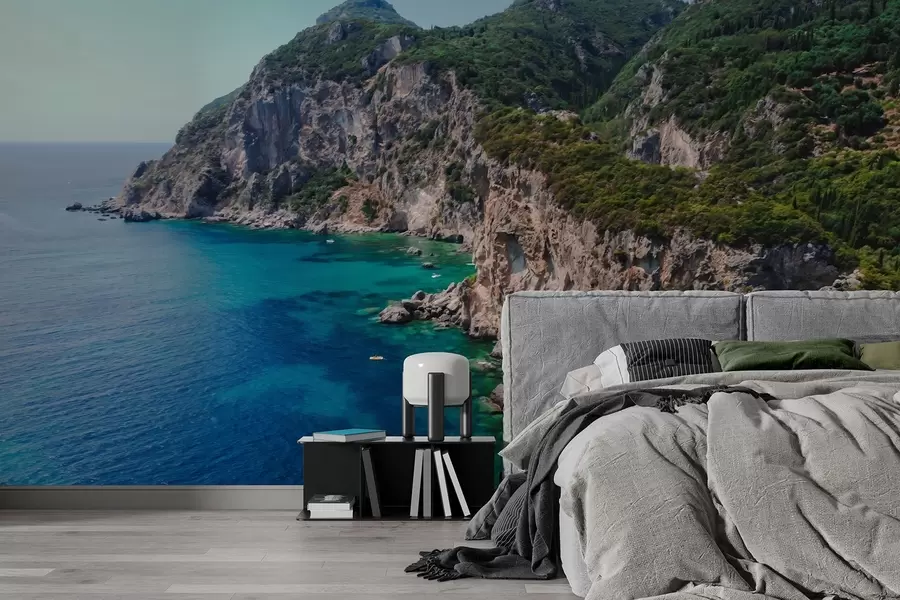 Fototapet Skalnaté hory u moře, olejová kresba, akvamarínová voda w04096