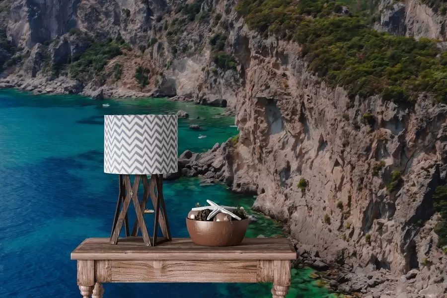 Fototapet Skalnaté hory u moře, olejová kresba, akvamarínová voda w04096