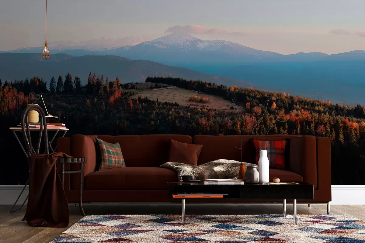 Fototapet Karpaty, textura ve stylu oleje, podzimní les, obloha při západu slunce w04098